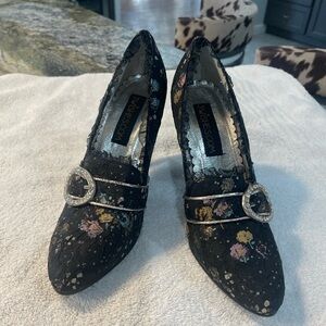 3 Wishes black floral Victorian Heels - Size 7